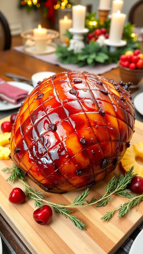 A glazed 9 lb ham on a cutting board, garnished with herbs and fruit, ready to be served.
